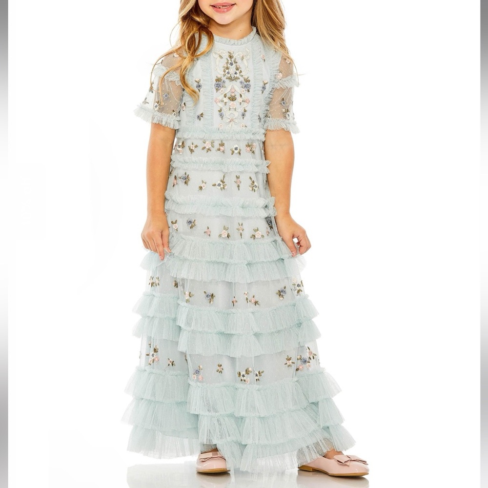 Mac Duggal 8065 Little Girls Blue Floral Embroidered 
Short Sleeve Long Dress